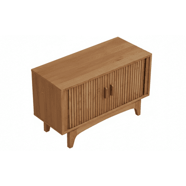 A rectangular, light-toned wood console cabinet featuring two horizontally slatted doors with integrated pull handles. The cabinet is elevated on splayed, tapered legs, giving it a distinct mid-century modern aesthetic. The wood grain is visible throughout the piece, suggesting solid wood construction or high-quality veneer. It is suitable for storage and display in various living spaces. — 3D model (AI enhanced source)