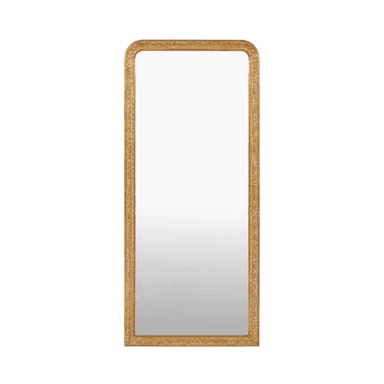 A tall, rectangular wall mirror featuring rounded top corners and an intricately carved, gilded frame. The frame displays elaborate floral and foliate motifs, characteristic of traditional or classical design styles, rendered in an antique gold finish. The mirror surface itself is a standard reflective glass. — 3D model (AI enhanced source)