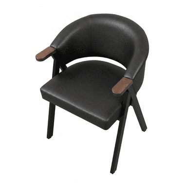A modern dining chair featuring a barrel-shaped backrest and seat upholstered in black faux leather, complemented by dark wooden armrest caps and a matte black metal frame. — 3D model (AI enhanced source)