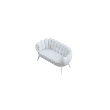 An elegant, upholstered loveseat featuring a distinctive shell-back design with vertical channel tufting. It has integrated armrests, nailhead trim along the base and outer arms, and is supported by four short, curved legs. The upholstery is a light, possibly white, color. — 3D model (AI enhanced source)