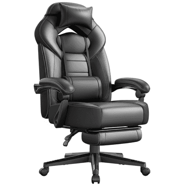 A high-back ergonomic gaming chair upholstered in black faux leather with white contrast stitching. It features adjustable headrest and lumbar support pillows, padded armrests, and a retractable footrest for extended comfort. The chair sits on a five-star base with caster wheels, allowing for mobility, and includes levers for tilt and height adjustments. — 3D model (AI enhanced source)