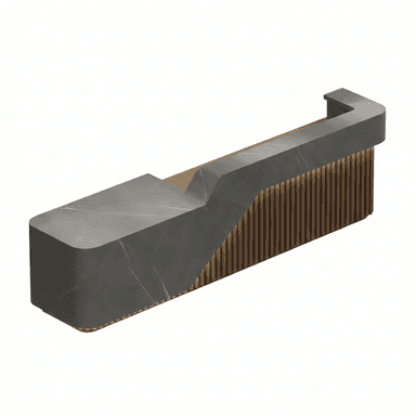 An L-shaped modern reception desk featuring a dark grey, marble-effect surface with rounded edges. The front facade incorporates vertical wooden slats, behind which integrated lighting casts a warm glow. The design transitions smoothly from the solid, imposing top to the textured, illuminated base, presenting a contemporary and sophisticated aesthetic suitable for a professional environment. — 3D model (AI enhanced source)