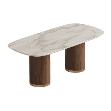 A modern rectangular dining table featuring a white marble top with prominent grey veining, resting on two cylindrical pedestal bases. The pedestals are constructed with vertically fluted wood in a rich brown tone and are accentuated at the bottom with a slim, polished brass band. The tabletop has subtly rounded corners, contributing to its contemporary aesthetic. — 3D model (AI enhanced source)