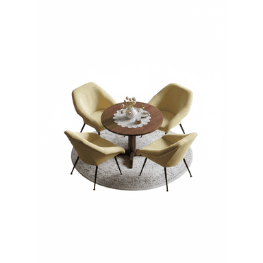 A contemporary dining set featuring a small round wooden table and four matching upholstered chairs, positioned on a decorative circular rug. The chairs have light yellow fabric upholstery and slender, splayed black metal legs, complementing the dark wooden tabletop with similar leg design. — 3D model (AI enhanced source)