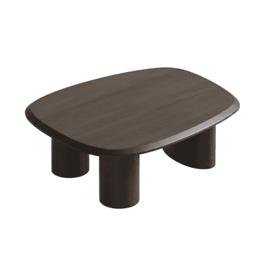 A dark stained wood coffee table featuring a rounded rectangular top supported by three thick cylindrical legs. — 3D model (AI enhanced source)