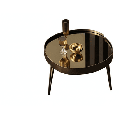 A small, round side table featuring a tray-like top with a mirrored surface, supported by three slender, tapered legs. The table has a dark bronze or black finish. — 3D model (AI enhanced source)