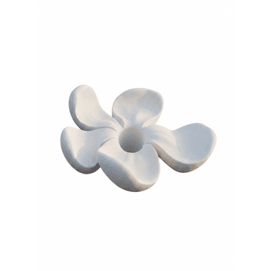 A unique, sculptural bench featuring a five-petal, flower-like design. It is rendered in a matte, off-white, textured material resembling stone or concrete, presenting an organic and modern aesthetic. Each petal appears to be a distinct seating area, converging towards a central, circular indentation. — 3D model (AI enhanced source)