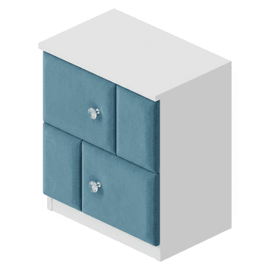 A compact, modern nightstand featuring a clean white frame and two drawers with soft, blue upholstered fronts. Each drawer is adorned with a clear, crystal-like knob, adding a touch of elegance to the piece. — 3D model (AI enhanced source)