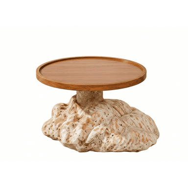 A small, round table featuring a smooth wooden tray-style top supported by a robust, irregularly shaped base that mimics natural coral or stone formations. — 3D model (AI enhanced source)