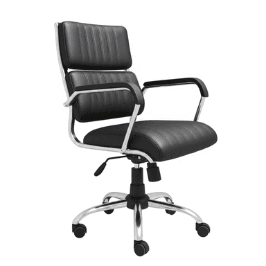 A modern office chair featuring black leatherette upholstery, a polished chrome frame, and a five-star base with casters. The seat and backrest are generously padded with horizontal channel stitching. It includes fixed armrests with padded tops, and a lever for height adjustment is visible beneath the seat. — 3D model (AI enhanced source)