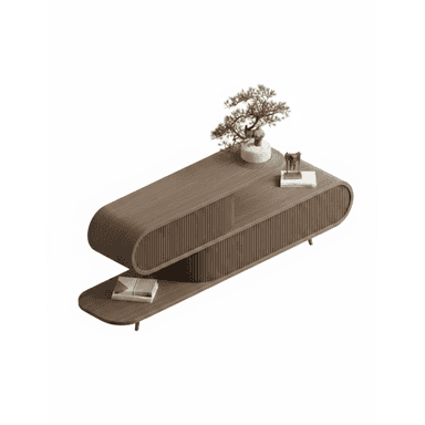 A contemporary S-shaped console table crafted from wood, featuring a medium-brown finish and distinctive vertical fluting on its curved surfaces. It offers two tiers for display and integrated storage compartments. — 3D model (AI enhanced source)