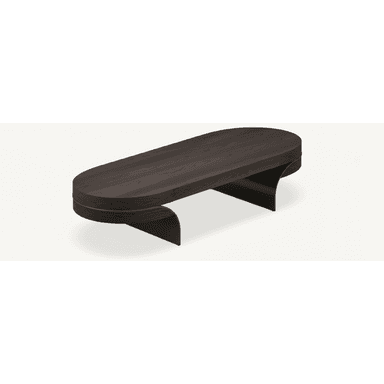 An elongated, oval-shaped bench featuring a dark wood finish and distinctive curved support legs, designed with a modern aesthetic. — 3D model (AI enhanced source)