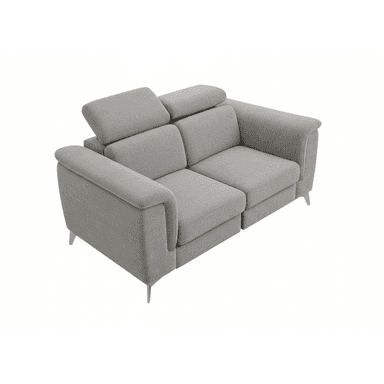 A modern two-seater sofa, upholstered in a light grey fabric, featuring two distinct seat cushions and two backrests with independently adjustable headrests. The sofa has gently curved, upholstered armrests and stands on slender, tapered metal legs. — 3D model (AI enhanced source)
