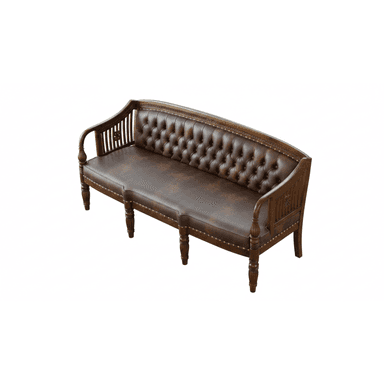 A traditional style three-seater sofa, featuring a dark brown wooden frame with intricate carvings and turned legs. The backrest and seat are upholstered in deep brown tufted leather, accented with brass nailhead trim. The armrests are an extension of the wooden frame, incorporating slatted vertical elements and decorative rosettes. — 3D model (AI enhanced source)