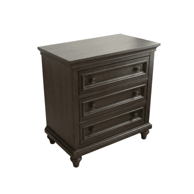 A traditional dark brown nightstand featuring three drawers with paneled fronts and ornate circular pulls, standing on four short, turned bun feet, with a classic molded top edge. — 3D model (AI enhanced source)