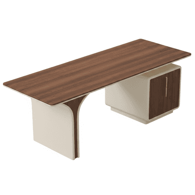 A modern executive desk featuring a dark wood-grain tabletop with rounded edges. One end is supported by a curved, cream-colored panel, while the other end rests on a rectangular storage cabinet of the same cream color. The storage cabinet has a single door or drawer front matching the dark wood grain of the tabletop, accented with a subtle, vertical gold-toned handle. — 3D model (AI enhanced source)