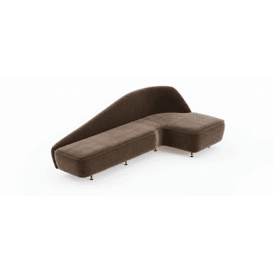 An L-shaped modular sectional sofa featuring a distinctively curved backrest on one side and an integrated chaise extension. The sofa is upholstered in a plush, dark brown fabric, likely velvet or microsuede, and supported by multiple small, dark, low-profile cylindrical feet. — 3D model (AI enhanced source)