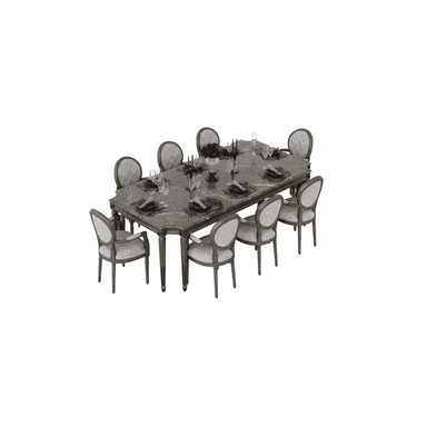 A sophisticated dining set comprising a large rectangular marble-top dining table and eight matching upholstered armchairs, presented against a white background. — 3D model (AI enhanced source)