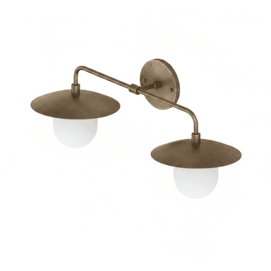 A wall-mounted lighting fixture featuring an aged brass finish, with two articulating arms extending horizontally from a circular backplate. Each arm supports a disc-shaped metal shade that directs light downwards onto an opaque white spherical diffuser. The design is minimalist and modern. — 3D model (AI enhanced source)