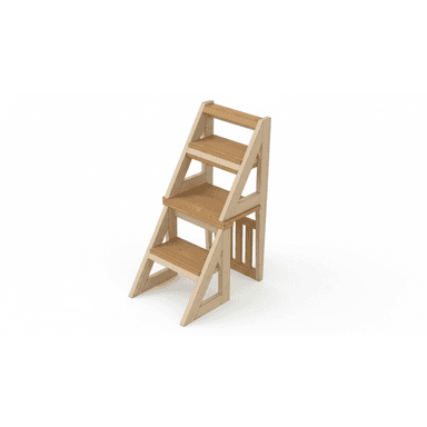 A light-toned, solid wood convertible step stool that transforms into a chair. The item features three steps when configured as a stool, with a sturdy A-frame support structure on the sides. When converted to a chair, the upper steps form the seat and a slatted portion of the frame acts as the backrest. The design is simple, functional, and utilizes visible wood joinery. — 3D model (AI enhanced source)