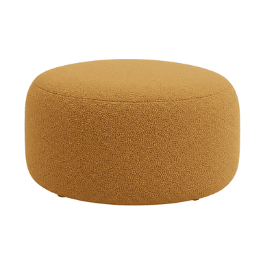 A contemporary round ottoman upholstered in a textured bouclé fabric. The ottoman features a cylindrical base and a slightly domed top, presenting a soft, inviting aesthetic. Its color is a warm, deep mustard or ochre yellow, and it sits low to the ground with minimal visible legs, reinforcing its plush and modern design. — 3D model (AI enhanced source)