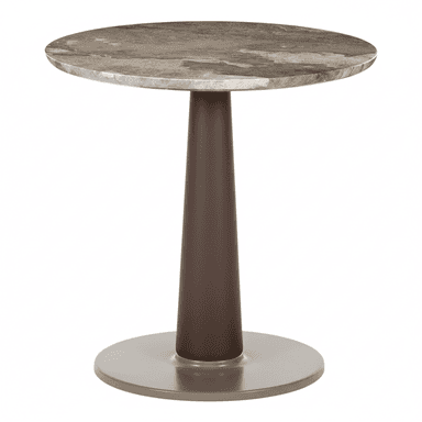 A contemporary round side table featuring a mottled gray and brown stone top, supported by a dark brown tapered pedestal column, and resting on a flat circular metallic base. — 3D model (AI enhanced source)