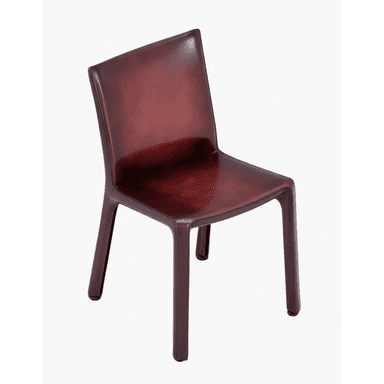 A modern dining chair fully upholstered in a rich burgundy leather, featuring a sleek, minimalist design with a monobloc appearance where the frame is completely covered. — 3D model (AI enhanced source)