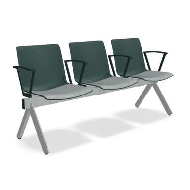 A three-seater waiting bench with a metal frame and plastic seats and backrests. Each seat has an integrated armrest. The frame consists of two V-shaped legs supporting a horizontal beam. — 3D model (AI enhanced source)