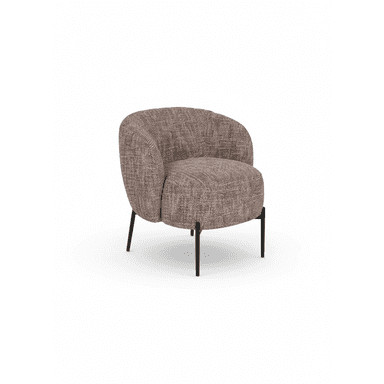 A contemporary upholstered club armchair featuring a rounded, inviting silhouette. The chair is covered in a textured, multi-tone brown and beige fabric. It is supported by four slender, angled black metal legs that provide a modern contrast to the plush seating. — 3D model (AI enhanced source)