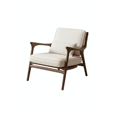 A stylish mid-century modern armchair featuring an exposed dark wood frame and plush, off-white upholstered cushions. The chair includes a separate seat cushion, back cushion, and a small lumbar pillow, all covered in a textured fabric. The wooden frame exhibits elegant curves, particularly in the armrests and leg structure, giving it a light yet sturdy appearance. The overall design suggests comfort and a sophisticated aesthetic. — 3D model (AI enhanced source)