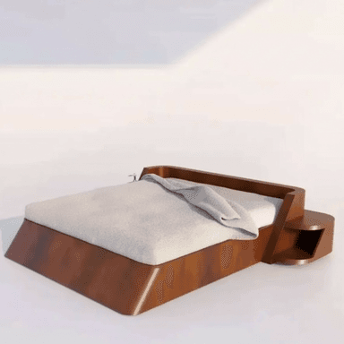 A modern platform bed crafted from dark brown wood, featuring a low-profile design and an integrated nightstand on one side. The bed has a sleek, angled base and a minimalist headboard that flows into the nightstand, which includes an open storage cubby. A light grey mattress and throw blanket are visible on the bed. — 3D model (AI enhanced source)