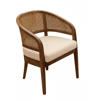 A contemporary armchair featuring a solid wood frame with a curved barrel-style back and arms, incorporating a woven cane panel in the backrest. The seat is upholstered with a light-colored fabric cushion. — 3D model (AI enhanced source)