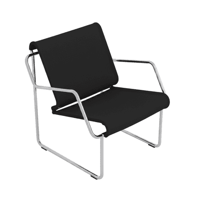 A modern lounge chair featuring a chrome-plated tubular steel frame and a black fabric sling for the seat and backrest. — 3D model (AI enhanced source)