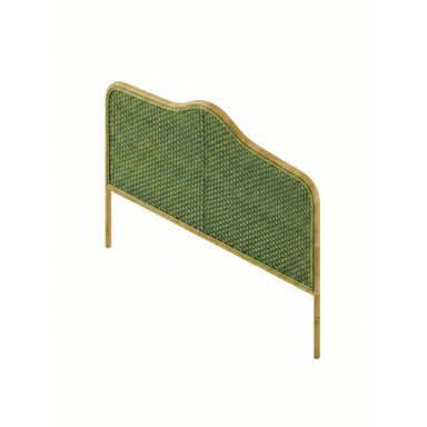 A headboard featuring a natural light wood or rattan frame with an irregularly curved top edge, encompassing a vibrant green woven cane panel. It is supported by two integrated vertical posts. — 3D model (AI enhanced source)