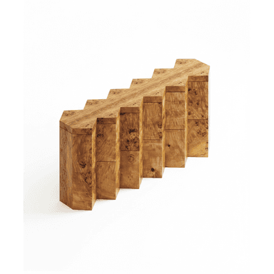 A tiered sideboard with a stepped design, resembling a staircase. It features multiple rectangular sections arranged in ascending height from left to right. The exterior is finished with a wood veneer exhibiting a prominent burl pattern. — 3D model (AI enhanced source)