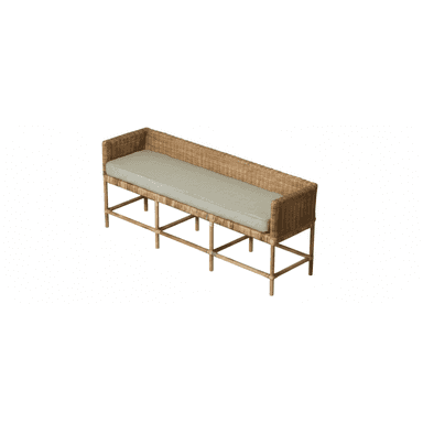 A long, rectangular bench featuring a woven rattan body with low, integrated armrests and a backrest. It is supported by a light-toned wooden or bamboo-style frame with horizontal and diagonal cross-supports. A light green and white checkered pattern cushion rests on the seating surface. — 3D model (AI enhanced source)