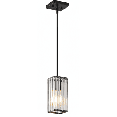 This is a modern pendant light featuring a rectangular shade constructed from clear fluted glass panels set within a sleek black metal frame. It is suspended from a rectangular ceiling plate by a straight black rod. Two incandescent-style bulbs are visible inside the glass enclosure, providing ambient or task lighting. — 3D model (AI enhanced source)