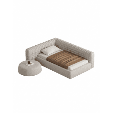 A single upholstered bed featuring an integrated, textured headboard and side rail, accompanied by a matching upholstered round ottoman. — 3D model (AI enhanced source)