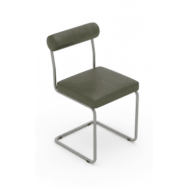 A modern dining chair with a cantilever base. The seat and backrest are upholstered in a dark olive-green material. The frame is made of tubular metal, possibly steel or aluminum, with a matte silver finish. The backrest is a single, cylindrical cushion attached to the frame. — 3D model (AI enhanced source)