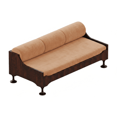 An image showing a modern daybed with a dark wood frame and light orange fabric upholstery. It features a long, rectangular seat cushion and a cylindrical bolster cushion along one side, acting as a backrest. The daybed rests on four short, dark, tapered legs. — 3D model (AI enhanced source)