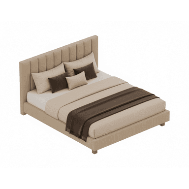 A contemporary upholstered platform bed featuring a tall, vertically channel-tufted headboard and a matching upholstered frame. The bed is dressed with bedding in various shades of beige and brown, including pillows, a duvet, and a throw blanket. It stands on short, recessed wooden legs. — 3D model (AI enhanced source)