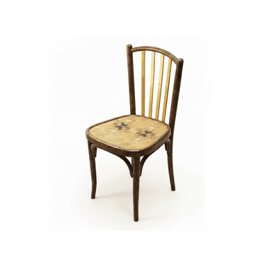 A vintage or antique wooden chair, possibly bentwood, featuring a curved backrest with vertical spindles. Some spindles are painted gold, contrasting with the dark wood frame. The seat is a solid surface with a faded, ornate pattern. The legs are curved, reflecting classic cafe or bistro chair design. — 3D model (AI enhanced source)