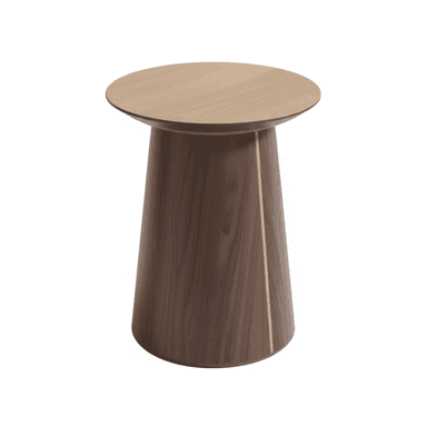 A modern side table featuring a round tabletop and a single, tapered pedestal base. The table is constructed from two tones of walnut wood; the main body of the base is a darker walnut, while the tabletop and a vertical inlay strip on the base are a lighter walnut or similar contrasting wood. The design is minimalist and sleek. — 3D model (AI enhanced source)