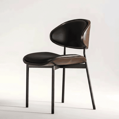A modern side chair with a curved wooden frame that supports a black upholstered seat and backrest. The chair has slender, dark metal legs that provide support. — 3D model (AI enhanced source)
