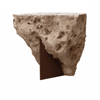 A side table featuring a rough, natural stone top with irregular, porous texture, supported by a dark, triangular metal base. The stone appears weathered and exhibits a geological, organic form, contrasted with the geometric precision of the metal support. — 3D model (AI enhanced source)
