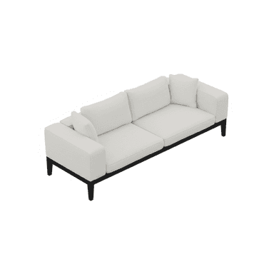 A modern, minimalist sofa featuring white textured fabric upholstery and a distinct exposed black frame. It is designed with two wide square armrests, two large seat cushions, two back cushions, and two smaller accent pillows. The clean lines and contrasting elements give it a contemporary aesthetic. — 3D model (AI enhanced source)