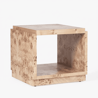 A contemporary cube-shaped side table crafted from light-toned burl wood veneer, featuring an open central compartment for storage or display. — 3D model (AI enhanced source)