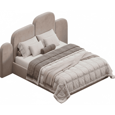 A contemporary upholstered platform bed featuring a distinctive scalloped headboard composed of multiple rounded panels. The bed base is fully upholstered in a light beige, velvet-like fabric, and integrated side panels extend from the headboard along the bed's sides. It is dressed with light-colored bedding, including white pillows, a gray knitted throw, and a light beige quilted blanket. — 3D model (AI enhanced source)