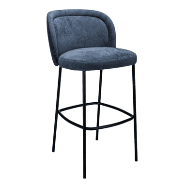 A contemporary bar stool featuring a rounded, upholstered blue fabric seat and backrest, supported by slender black metal legs with an integrated footrest. — 3D model (AI enhanced source)