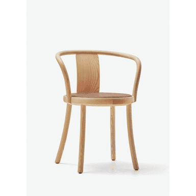 A modern dining armchair featuring a light-toned wooden frame and a padded brown leather seat. The chair's backrest and armrests are formed by a continuous, gracefully curved bentwood piece. It stands on four slender, tapered wooden legs that splay slightly outwards. — 3D model (AI enhanced source)